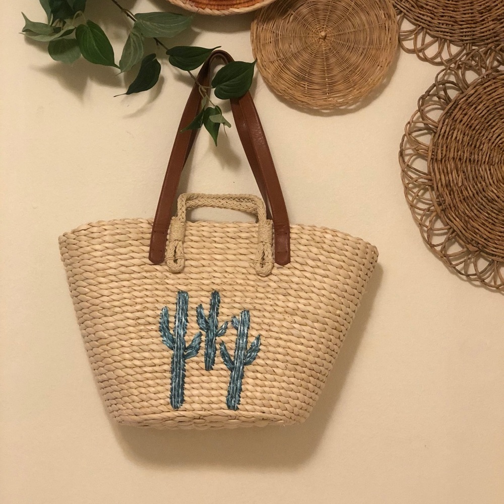 Cactus Embroidered Wicker Bag